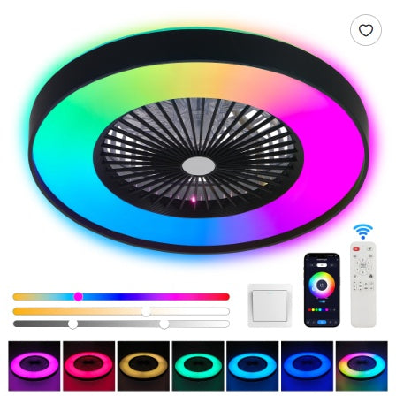 23 Inch Black Ceiling Fan Light With LED RGB   Dimmable & Color Changing, APP & Remote Control, Modern Smart Ceiling Fan For Living Room, Bedroom, And Dining Room  Silent 6-Speed Reversible DC Motor