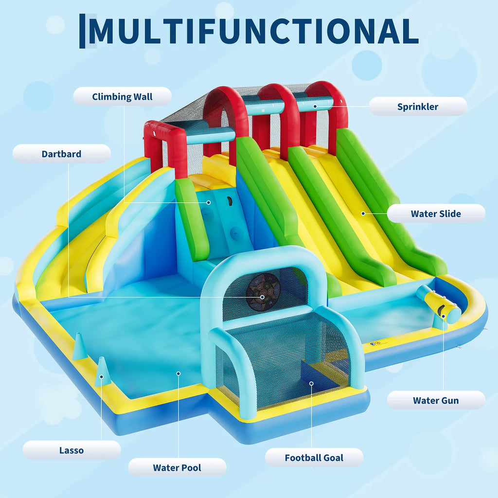 Inflatable Bounce House 3 Water Slides Oxford Fabric Bouncy Castle Kids Play Center with Blower for Indoor Outdoor Backyard Fun