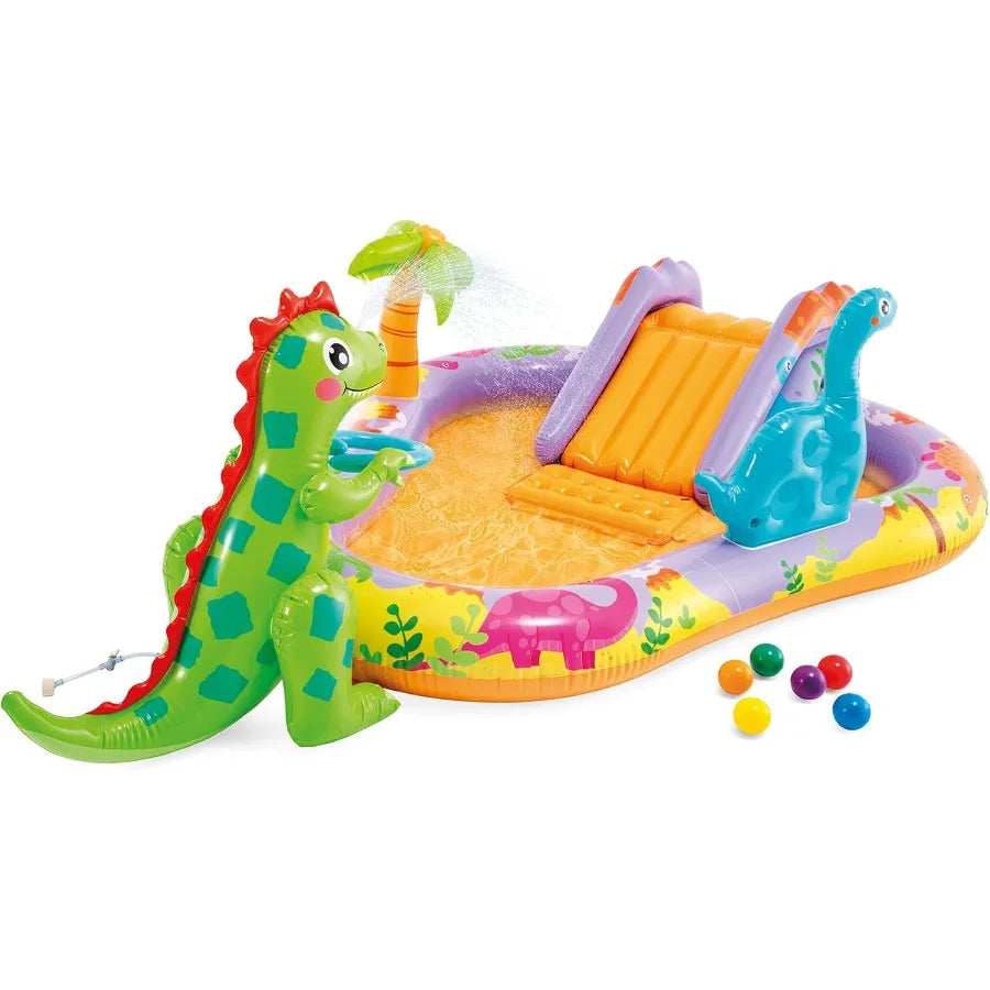 Inflatable Kiddie Pool with Water Sprayer and Slide for Ages 3+ - Dino Park Design - 79 x 62 x 27 - Blue and Green Plastic Mate