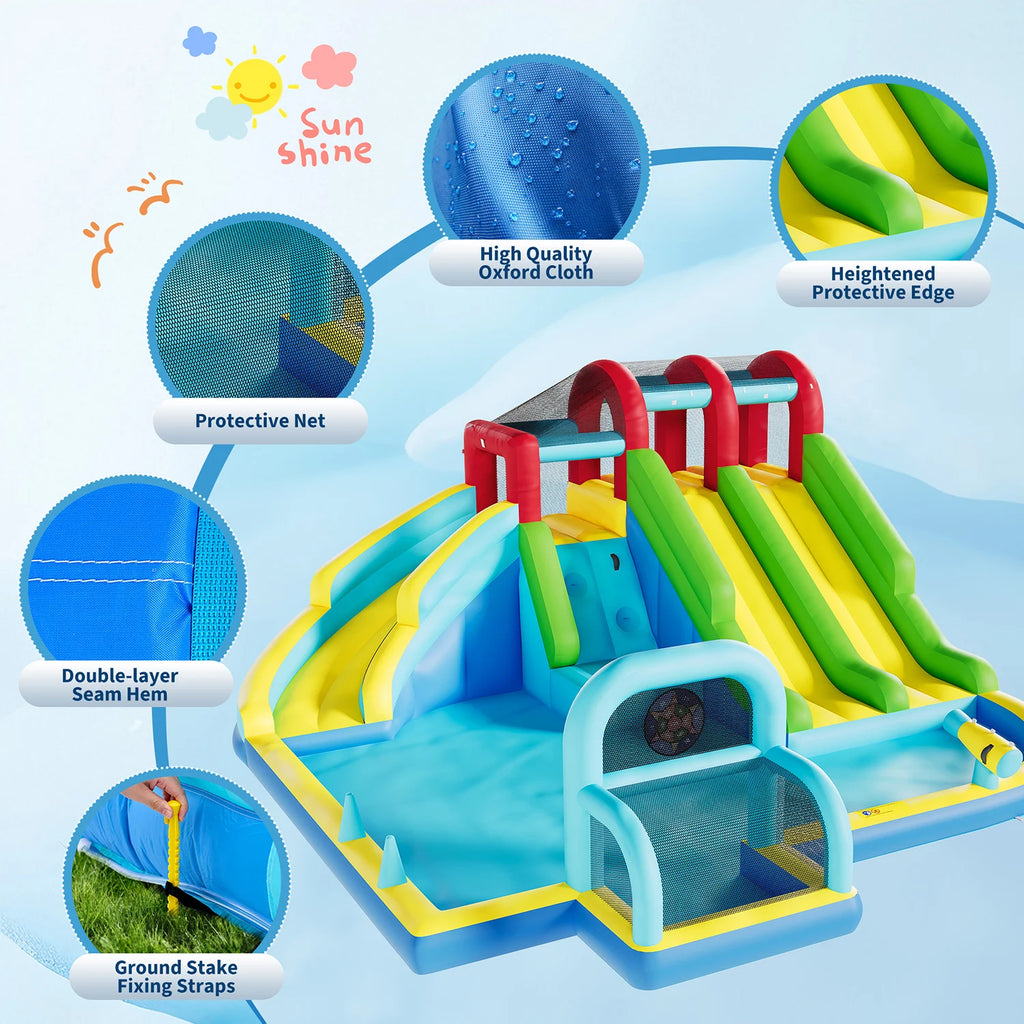 Inflatable Bounce House 3 Water Slides Oxford Fabric Bouncy Castle Kids Play Center with Blower for Indoor Outdoor Backyard Fun