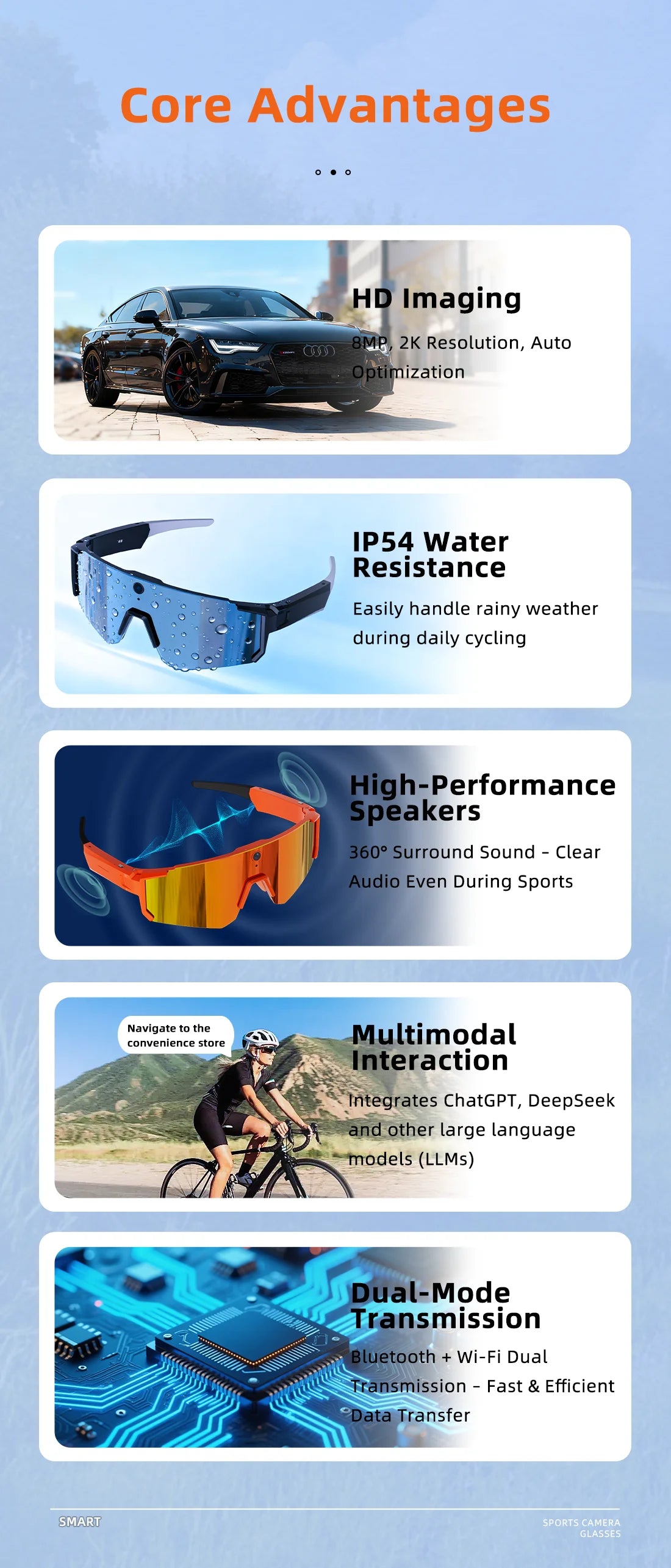 2026New AI Smart Glasses ChatGPT 1080P Camera 8MP Anti-shake Cycling Video&Photo Sport Sunglasses DualMic 32GB Windproof Goggles