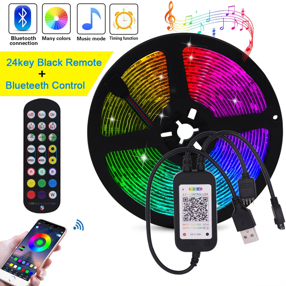5V USB 5050 RGB LED Strip Light Bluetooth Remote Control 5m 10m Lights Tape TV Backlights Holiday Decor 0.5m 1m 2m 3m Black PCB