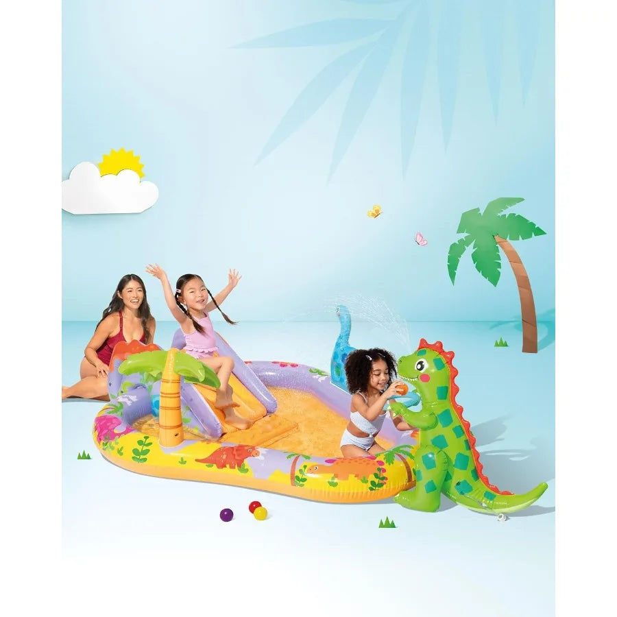Inflatable Kiddie Pool with Water Sprayer and Slide for Ages 3+ - Dino Park Design - 79 x 62 x 27 - Blue and Green Plastic Mate