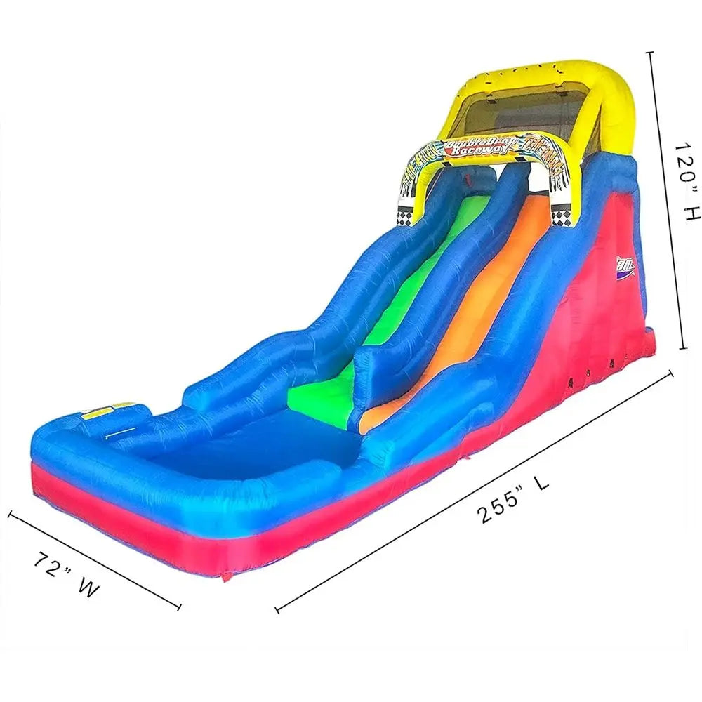 Double Drop Raceway 120 Inch High 2 Lane Iatable Outdoor Backyard Water Slide Splash Pool with Climbing Wall for Kids Ages 5 to