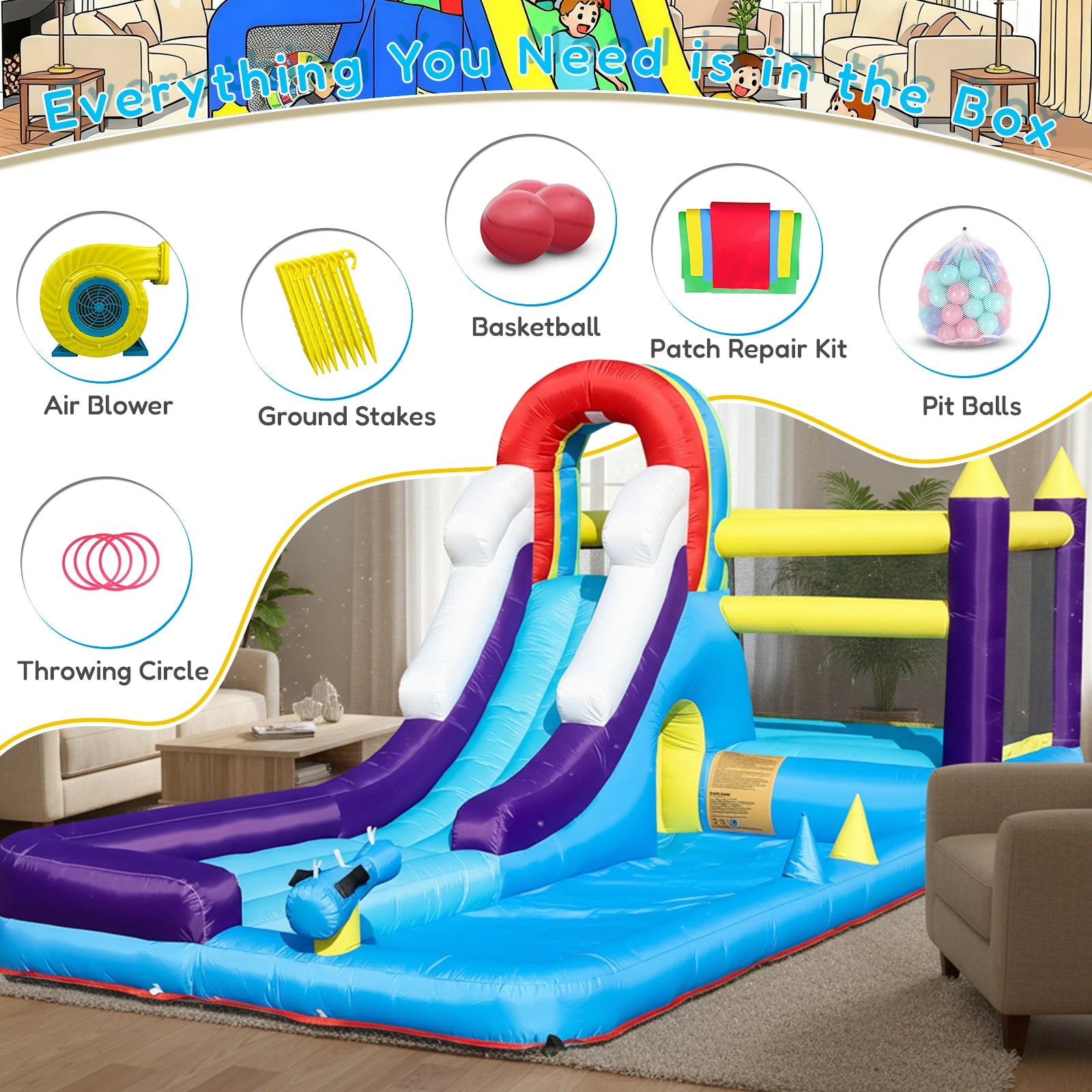 New Oxford cloth 16ft  4.9m Inflatable Water Slide Bounce House w/ Splash Pool & 480W Blower for Kids Party