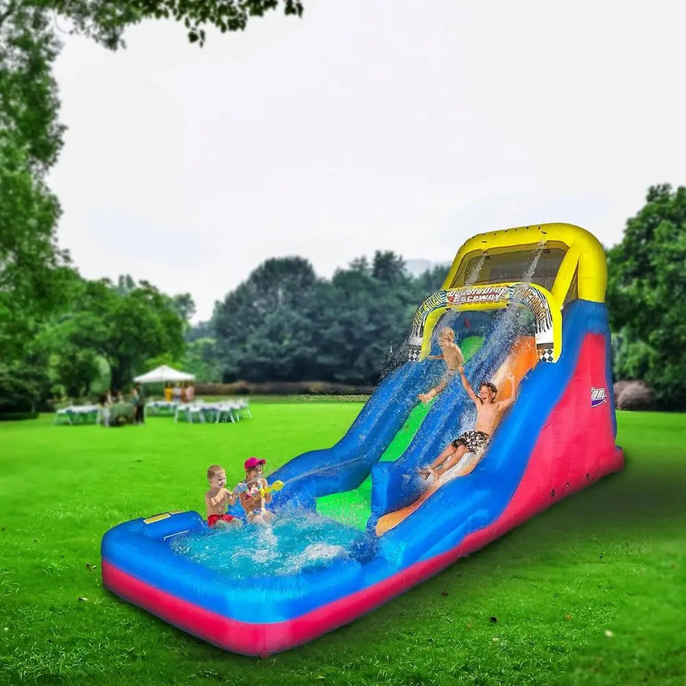 Double Drop Raceway 120 Inch High 2 Lane Iatable Outdoor Backyard Water Slide Splash Pool with Climbing Wall for Kids Ages 5 to