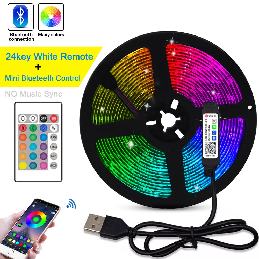5V USB 5050 RGB LED Strip Light Bluetooth Remote Control 5m 10m Lights Tape TV Backlights Holiday Decor 0.5m 1m 2m 3m Black PCB