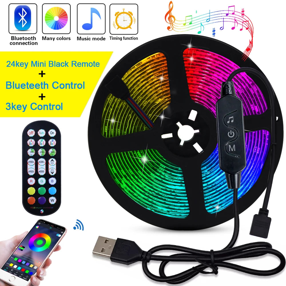 5V USB 5050 RGB LED Strip Light Bluetooth Remote Control 5m 10m Lights Tape TV Backlights Holiday Decor 0.5m 1m 2m 3m Black PCB