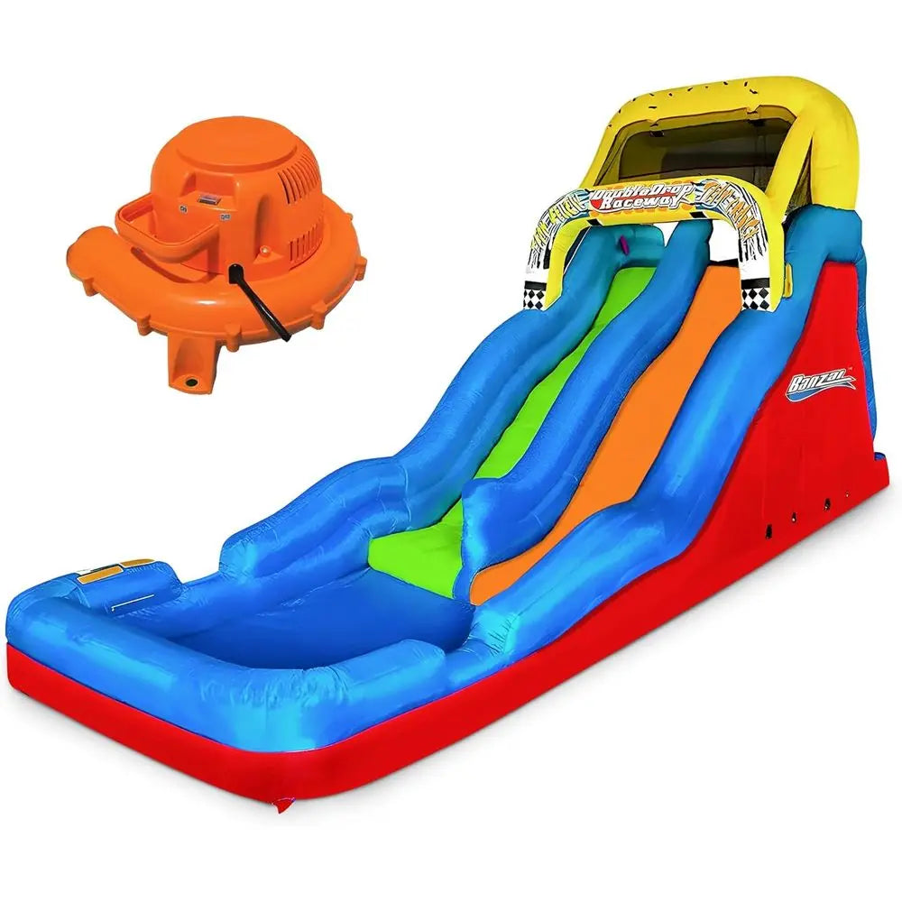 Double Drop Raceway 120 Inch High 2 Lane Iatable Outdoor Backyard Water Slide Splash Pool with Climbing Wall for Kids Ages 5 to