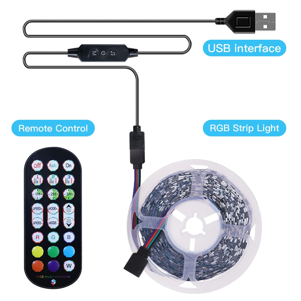 5V USB 5050 RGB LED Strip Light Bluetooth Remote Control 5m 10m Lights Tape TV Backlights Holiday Decor 0.5m 1m 2m 3m Black PCB
