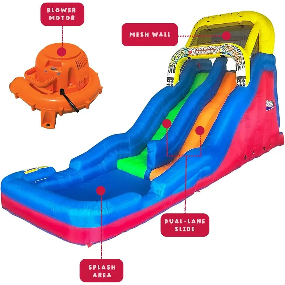 Double Drop Raceway 120 Inch High 2 Lane Iatable Outdoor Backyard Water Slide Splash Pool with Climbing Wall for Kids Ages 5 to