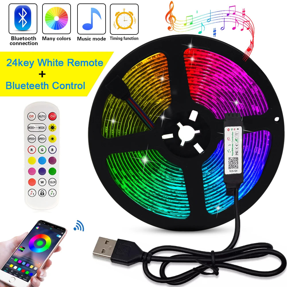 5V USB 5050 RGB LED Strip Light Bluetooth Remote Control 5m 10m Lights Tape TV Backlights Holiday Decor 0.5m 1m 2m 3m Black PCB
