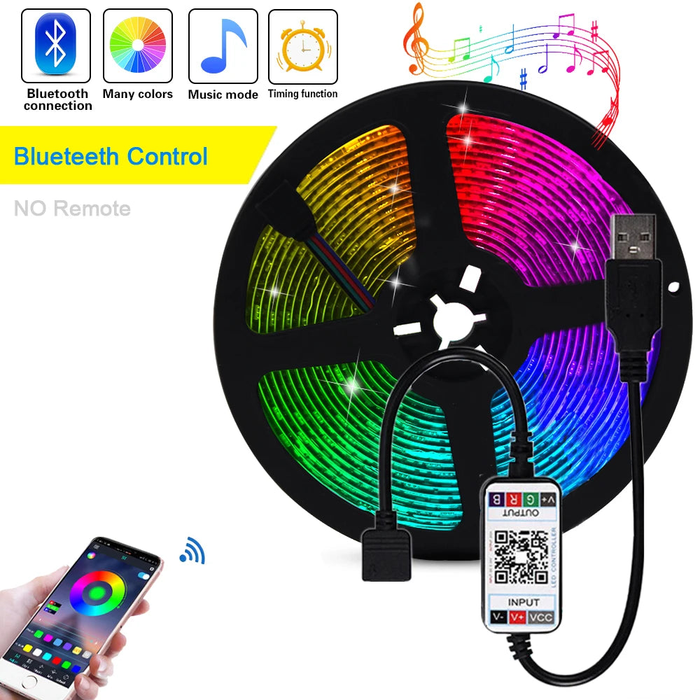 5V USB 5050 RGB LED Strip Light Bluetooth Remote Control 5m 10m Lights Tape TV Backlights Holiday Decor 0.5m 1m 2m 3m Black PCB