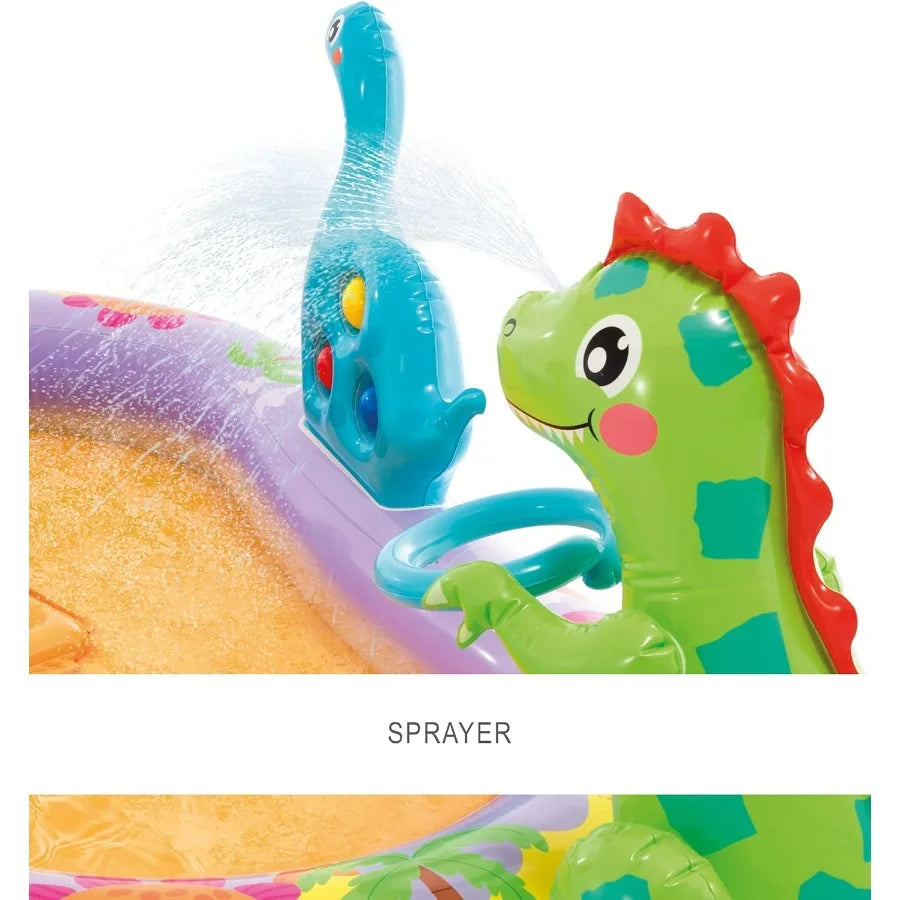 Inflatable Kiddie Pool with Water Sprayer and Slide for Ages 3+ - Dino Park Design - 79 x 62 x 27 - Blue and Green Plastic Mate