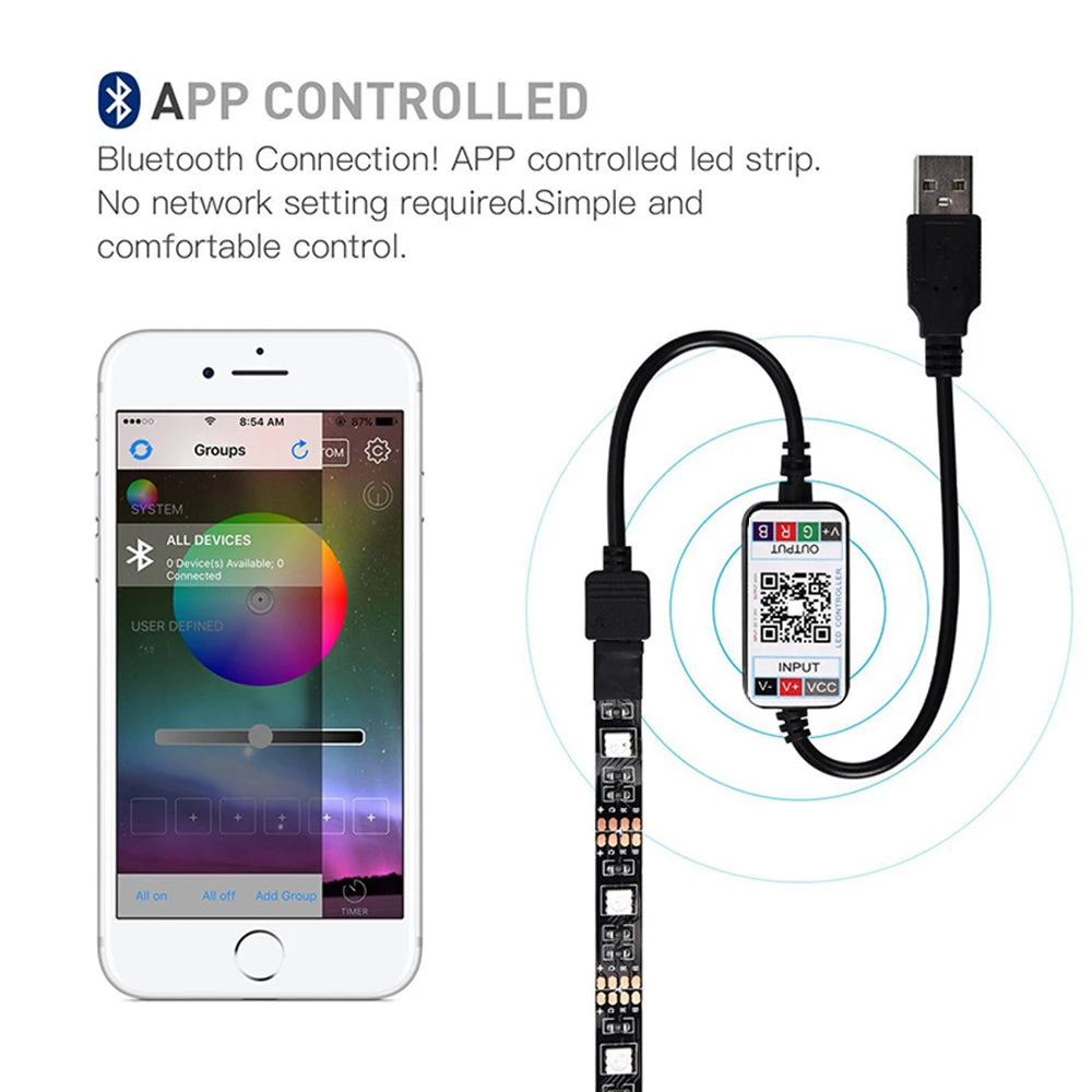 5V USB 5050 RGB LED Strip Light Bluetooth Remote Control 5m 10m Lights Tape TV Backlights Holiday Decor 0.5m 1m 2m 3m Black PCB