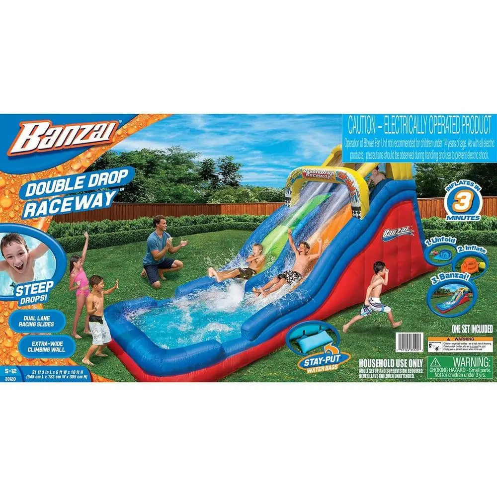 Double Drop Raceway 120 Inch High 2 Lane Iatable Outdoor Backyard Water Slide Splash Pool with Climbing Wall for Kids Ages 5 to