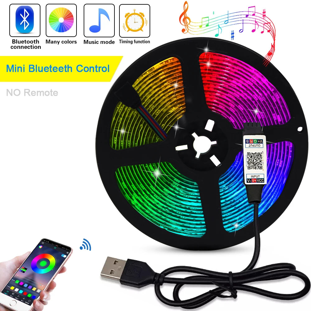 5V USB 5050 RGB LED Strip Light Bluetooth Remote Control 5m 10m Lights Tape TV Backlights Holiday Decor 0.5m 1m 2m 3m Black PCB