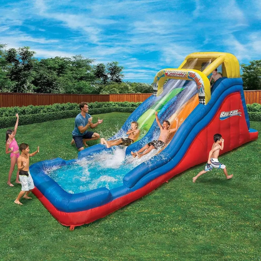 Double Drop Raceway 120 Inch High 2 Lane Iatable Outdoor Backyard Water Slide Splash Pool with Climbing Wall for Kids Ages 5 to