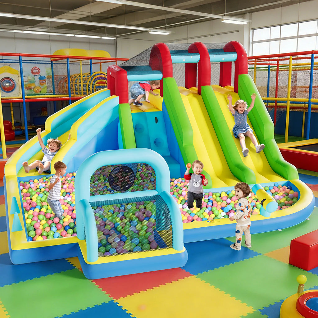 Inflatable Bounce House 3 Water Slides Oxford Fabric Bouncy Castle Kids Play Center with Blower for Indoor Outdoor Backyard Fun