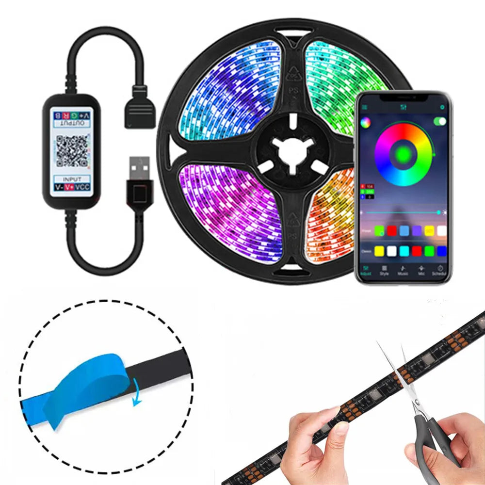 5V USB 5050 RGB LED Strip Light Bluetooth Remote Control 5m 10m Lights Tape TV Backlights Holiday Decor 0.5m 1m 2m 3m Black PCB