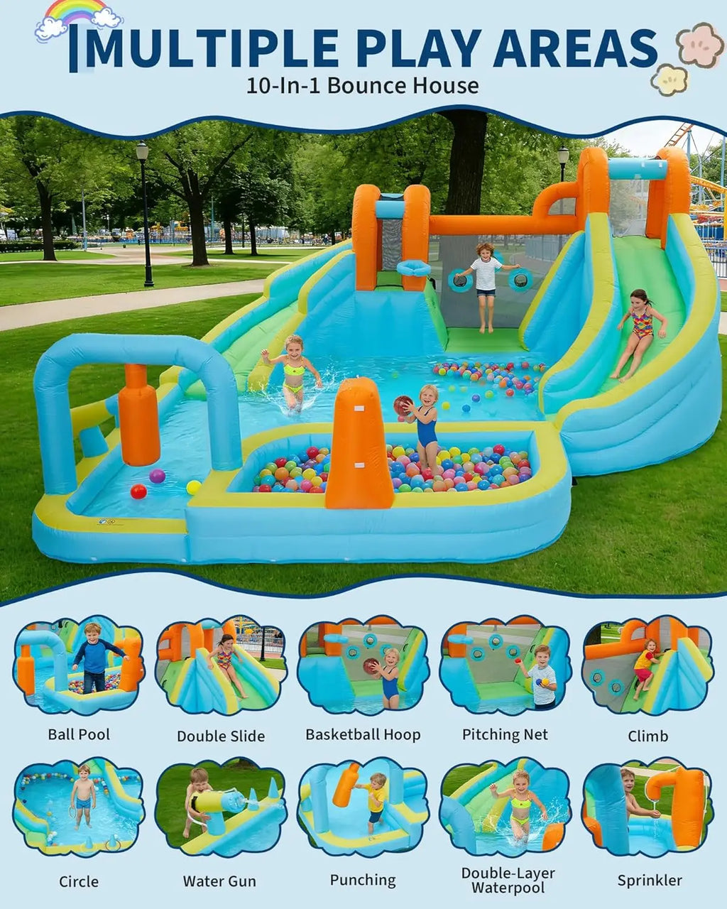 10-in-1 Inflatable Bounce House with Slide & Air Blower, Kids Indoor Outdoor Jump Bouncer Playset for Backyard Birthday Parties
