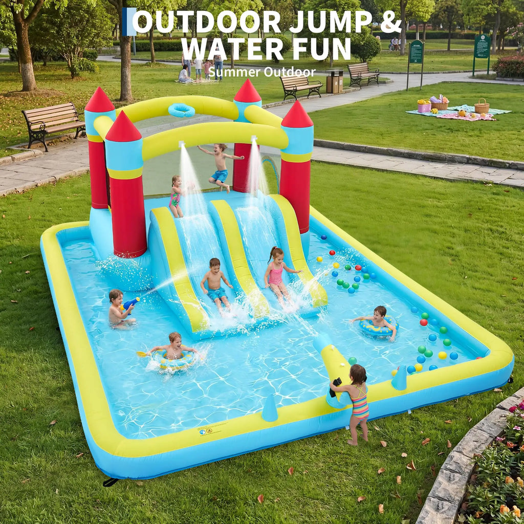 15x11FT Inflatable Bounce House With 450W Blower 7-In-1 Wet Dry Water Slide Kids Jumping Castle For Indoor Outdoor Backyard