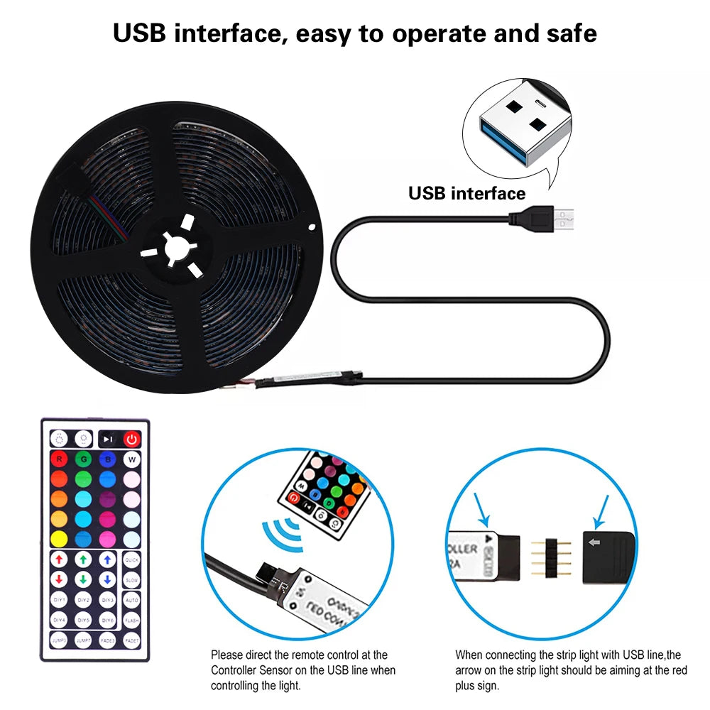 5V USB 5050 RGB LED Strip Light Bluetooth Remote Control 5m 10m Lights Tape TV Backlights Holiday Decor 0.5m 1m 2m 3m Black PCB