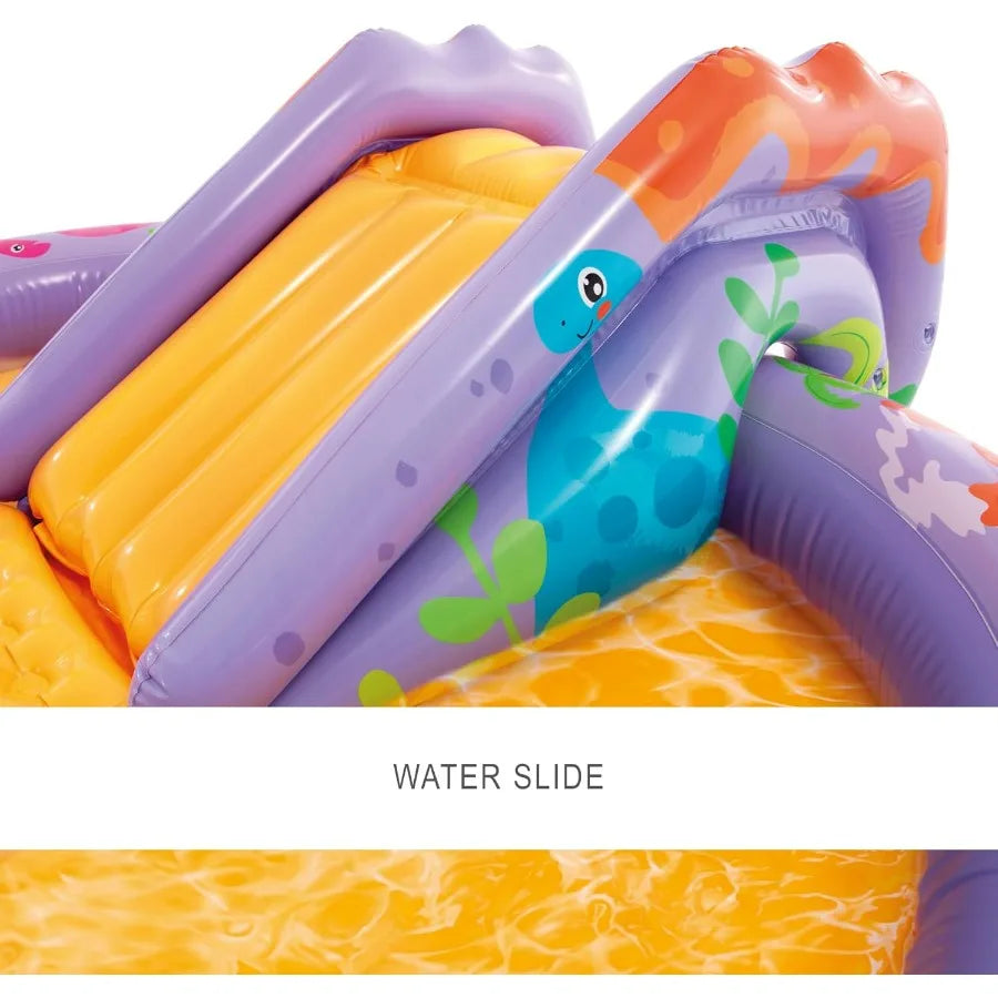 Inflatable Kiddie Pool with Water Sprayer and Slide for Ages 3+ - Dino Park Design - 79 x 62 x 27 - Blue and Green Plastic Mate
