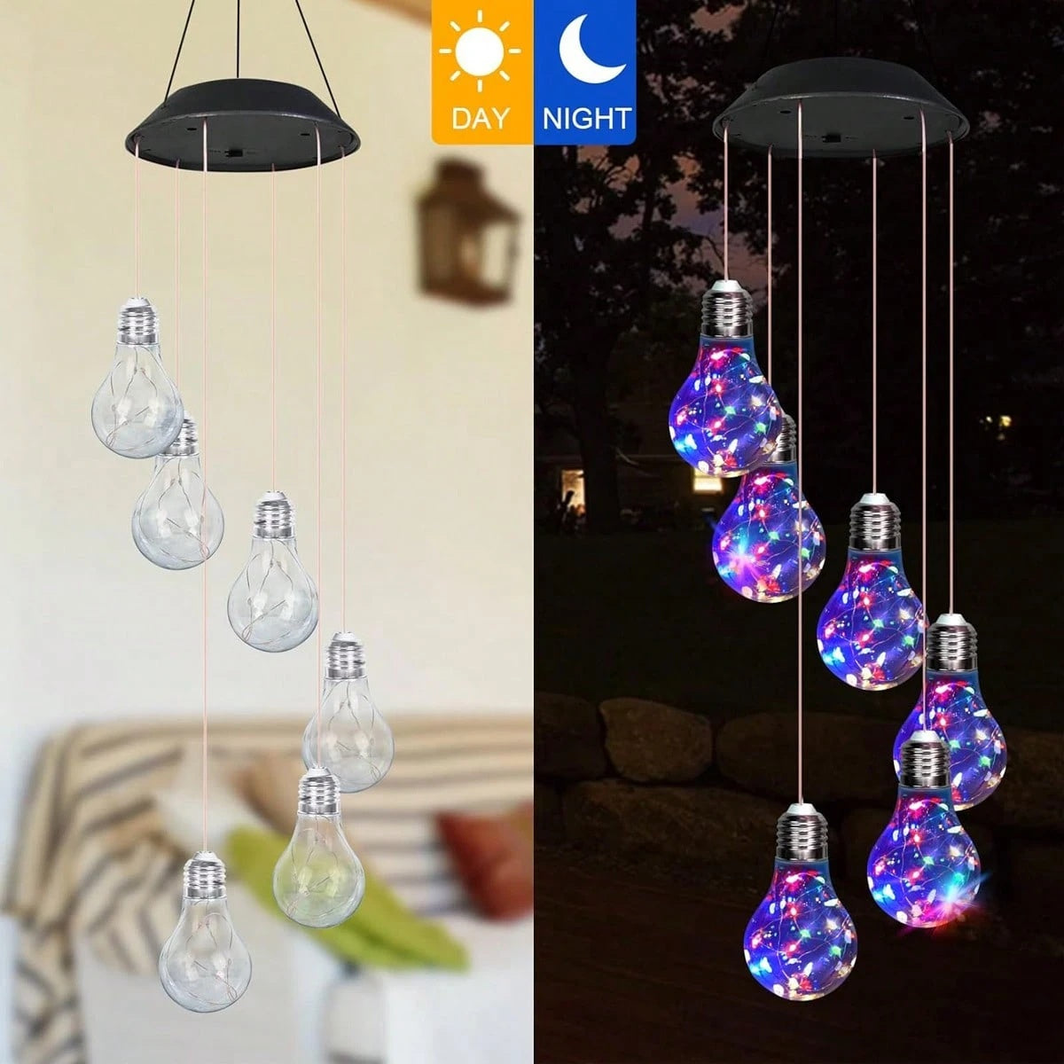 Colorful LED Solar Wind Chimes 21.6inch Light Bulb Shape Mobile Hanging Wind Chime Outdoor Waterproof Decorative Solar Powered Lights For Porch Deck Garden Patio Balcony Decor